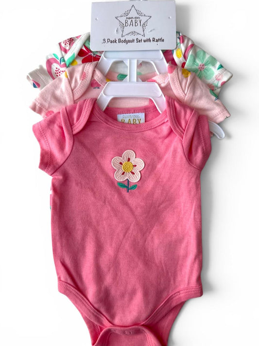 Set 3 Mamelucos Flores Bebe Niña con Sonajero Super Star Baby