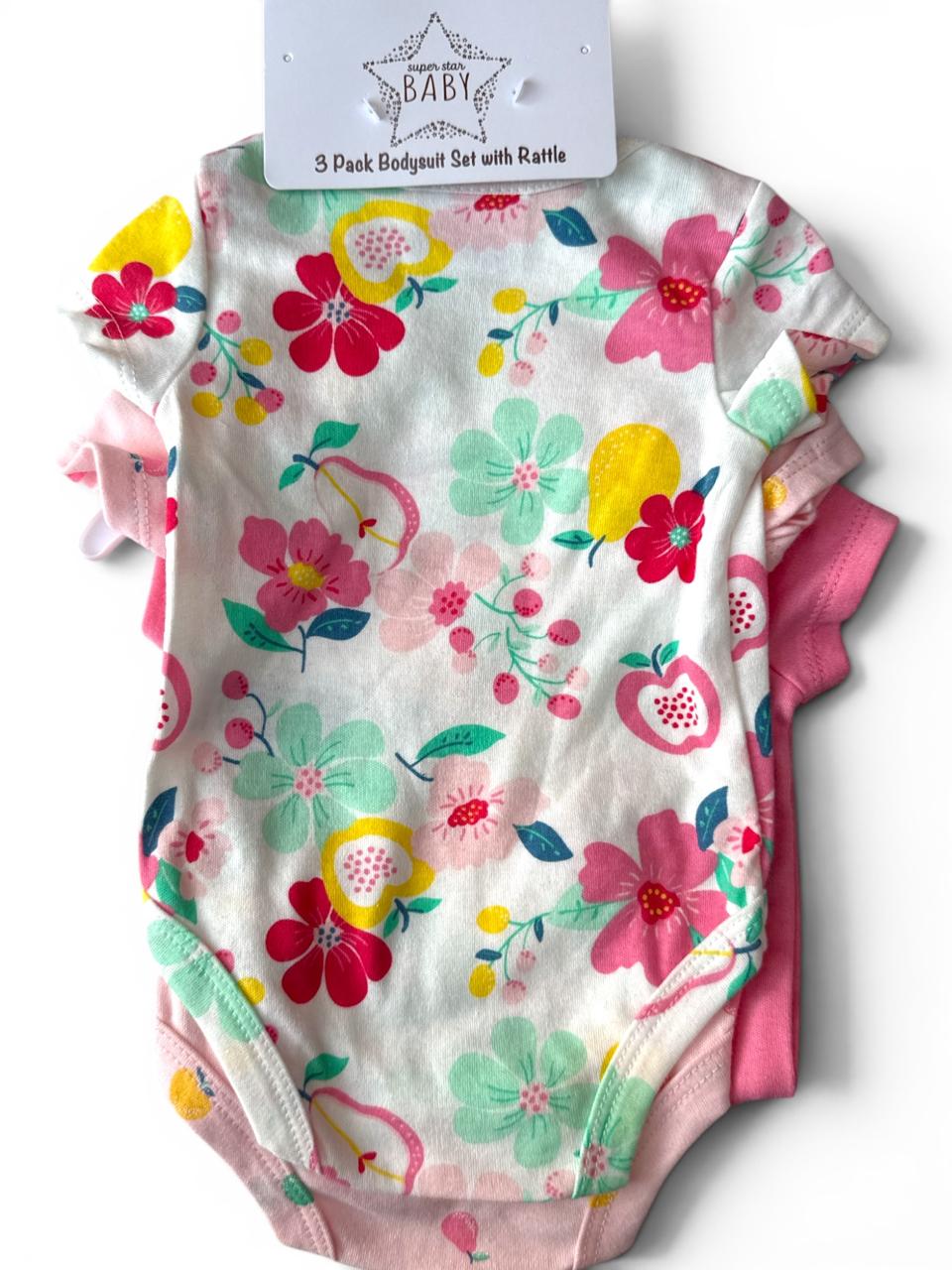 Set 3 Mamelucos Flores Bebe Niña con Sonajero Super Star Baby