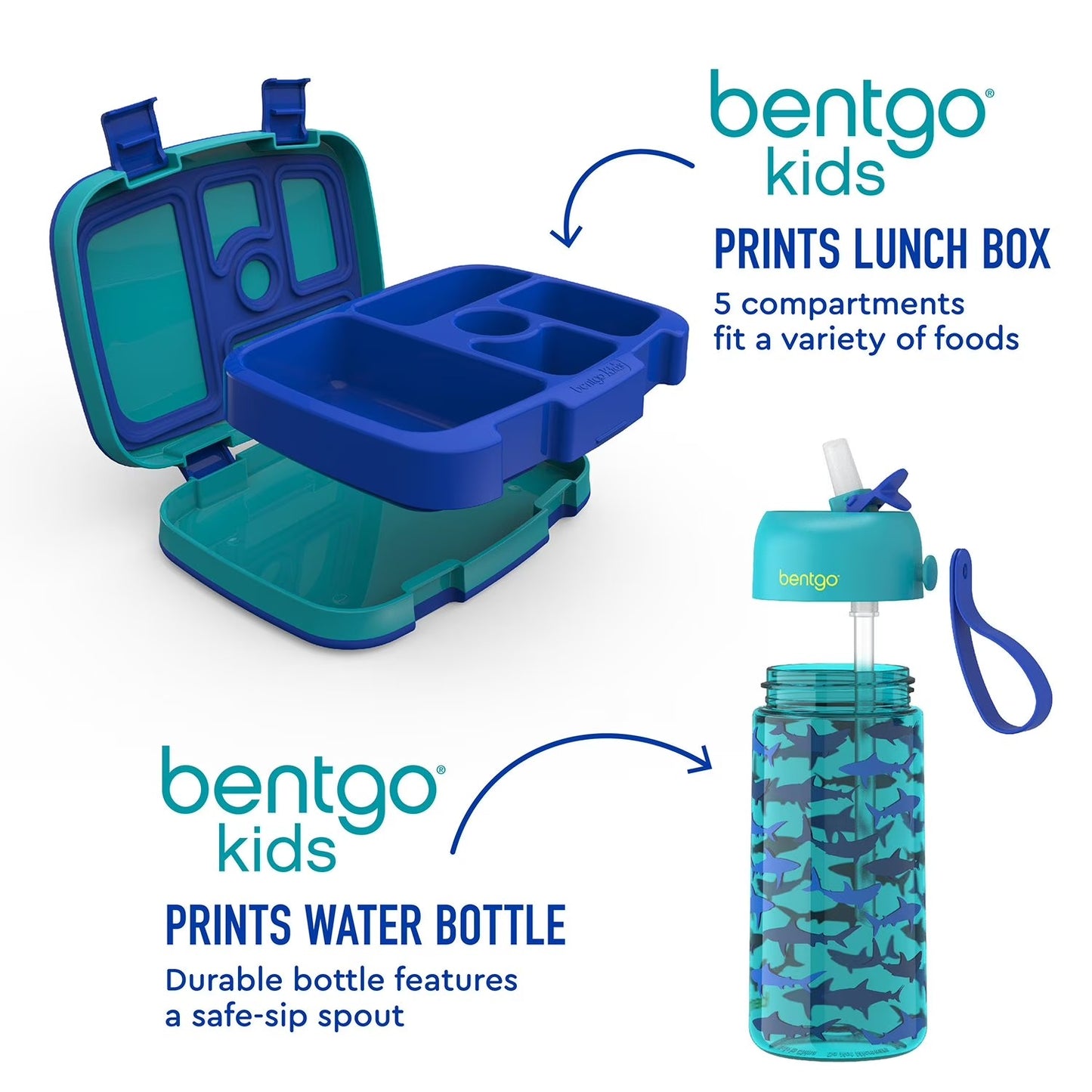 Set 2 Piezas Lunch Box + Water Bottle Tiburones Niño Bentgo